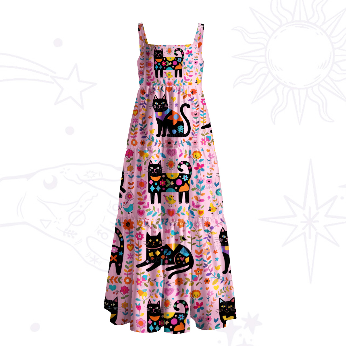 Purplehecate Cute Witchy Black Cat Wide Straps Maxi Dress