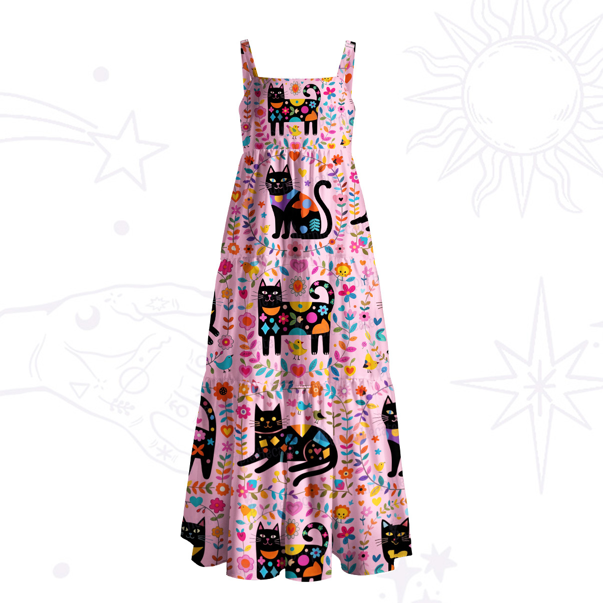Purplehecate Cute Witchy Black Cat Wide Straps Maxi Dress
