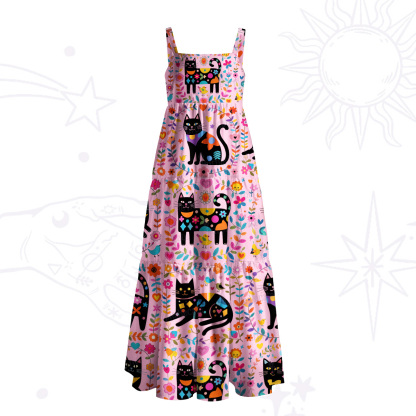 Purplehecate Cute Witchy Black Cat Wide Straps Maxi Dress
