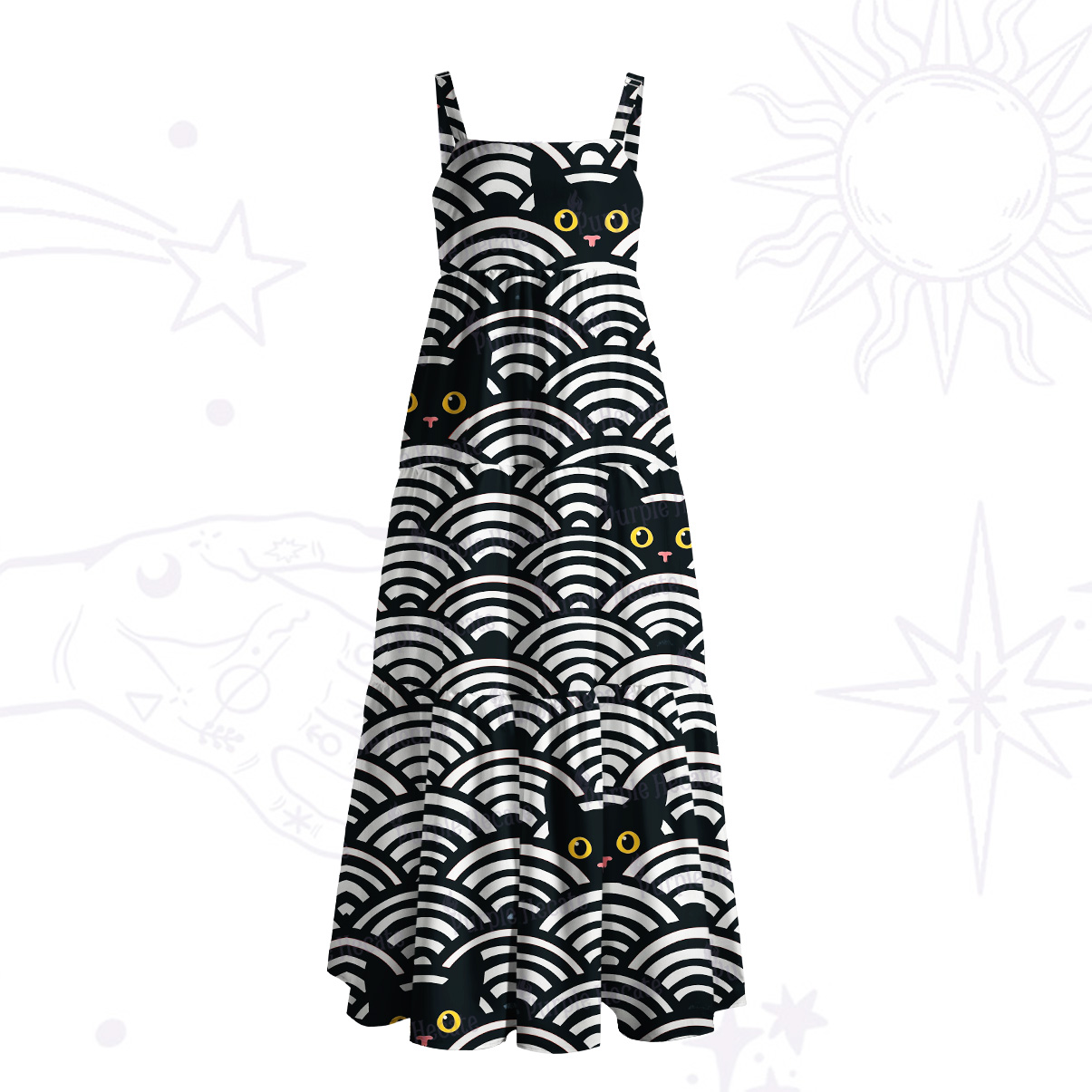 Purplehecate Rainbow Black Cat Waves Wide Straps Maxi Dress