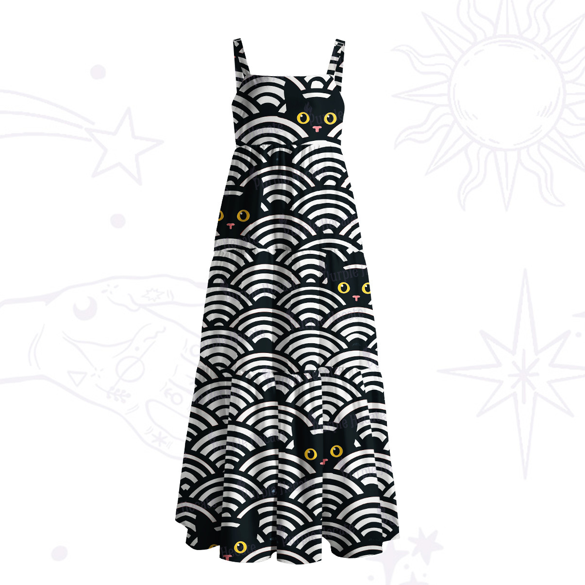 Purplehecate Rainbow Black Cat Waves Wide Straps Maxi Dress
