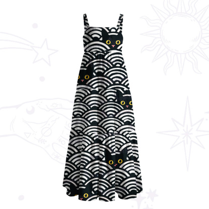 Purplehecate Rainbow Black Cat Waves Wide Straps Maxi Dress