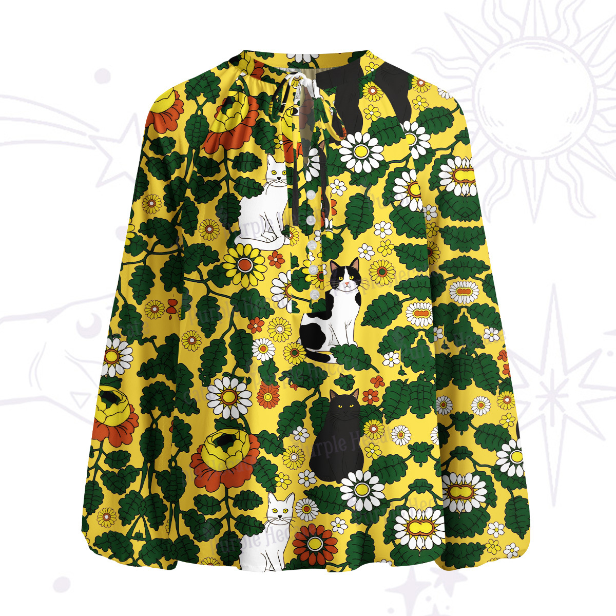 Purplehecate Daisy Cat  Garden Split Neck Tie Blouse
