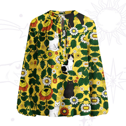 Purplehecate Daisy Cat  Garden Split Neck Tie Blouse