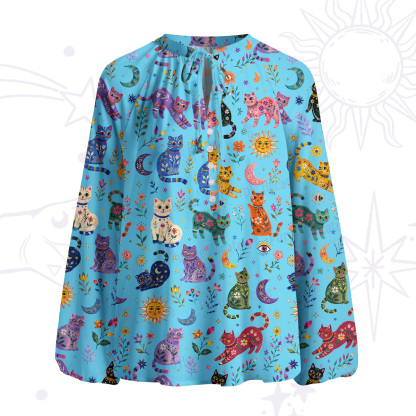 Purplehecate Rainbow Magic Cats Split Neck Tie Blouse