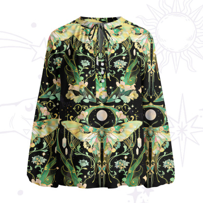 Purplehecate Moon Moth Rave Split Neck Tie Blouse