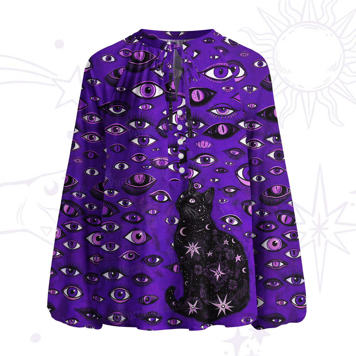 Purplehecate Cosmic Watcher Cat Split Neck Tie Blouse