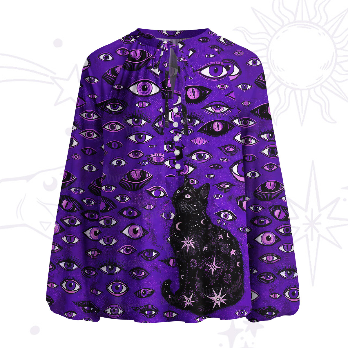 Purplehecate Cosmic Watcher Cat Split Neck Tie Blouse