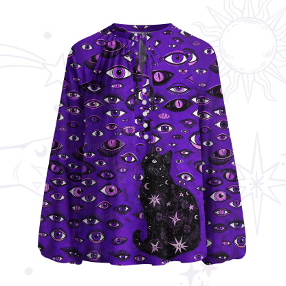Purplehecate Cosmic Watcher Cat Split Neck Tie Blouse