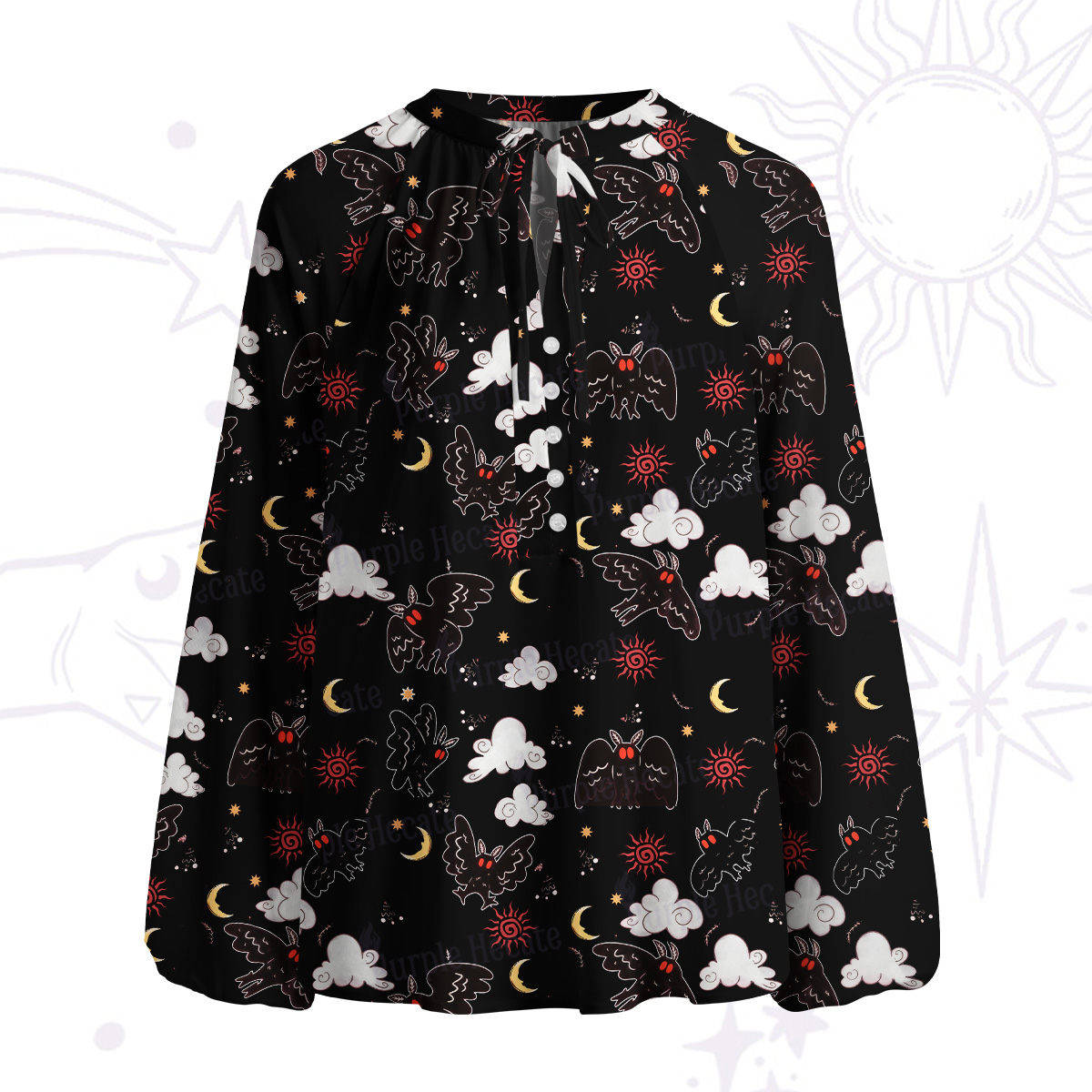 Purplehecate Cryptid Mothman Split Neck Tie Blouse