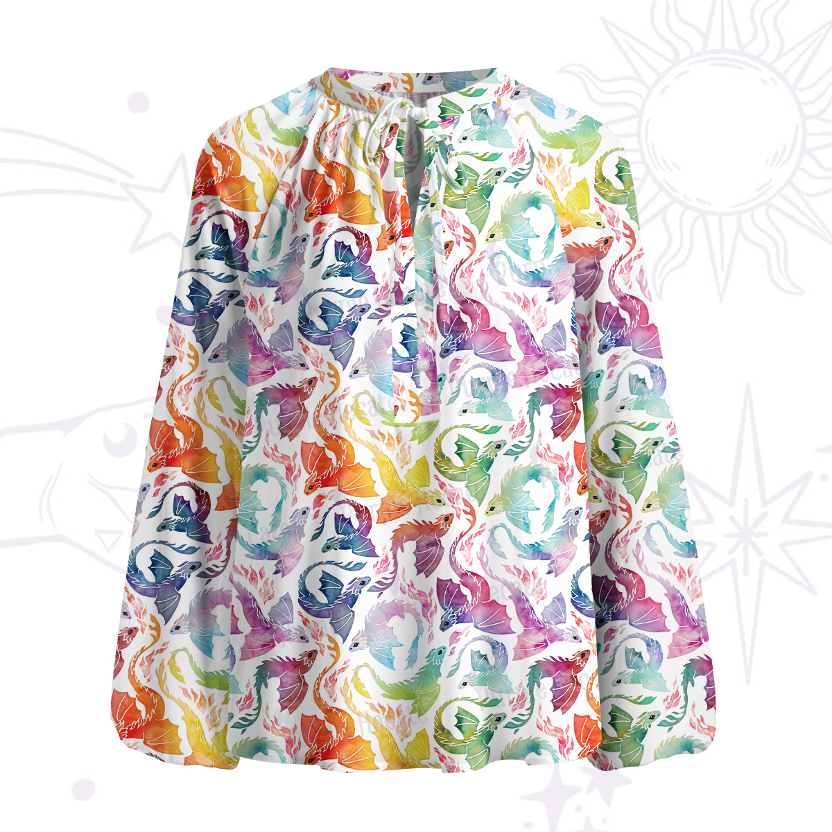 Purplehecate Rainbow Dragon Fire Split Neck Tie Blouse