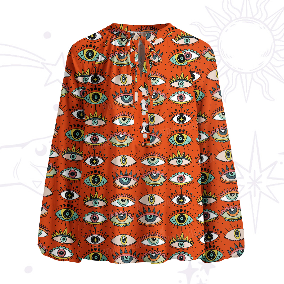 Purplehecate Evil Eye Pattern Split Neck Tie Blouse