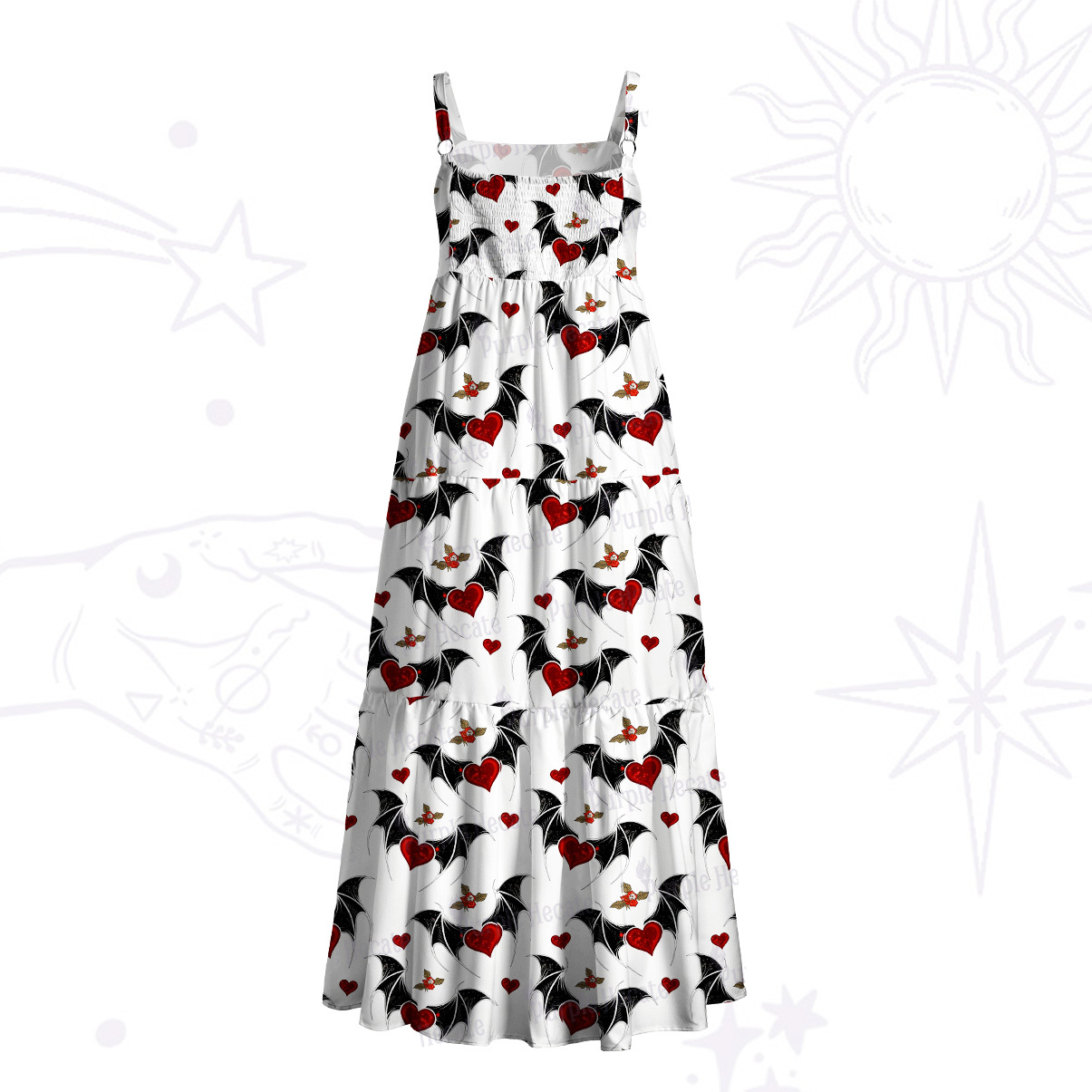 Purplehecate Dark Romance Bat & Heart Wide Straps Maxi Dress