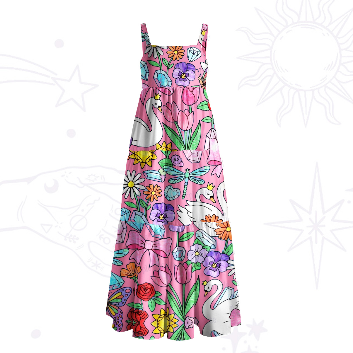 Purplehecate Whimsical Swan Meadow Wide Straps Maxi Dress