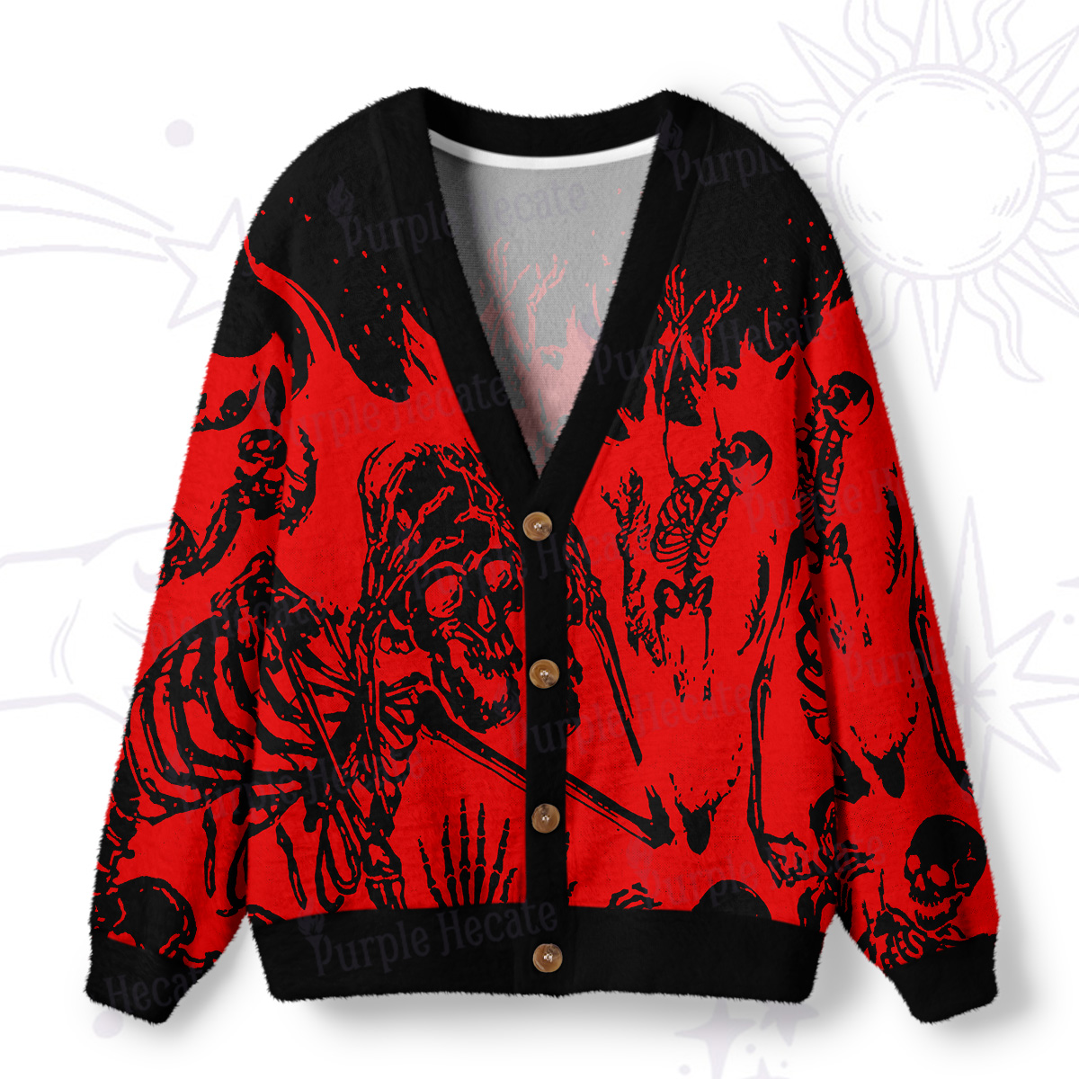 Purplehecate Hellfire Burning Skull Ugly Cardigan Sweaters