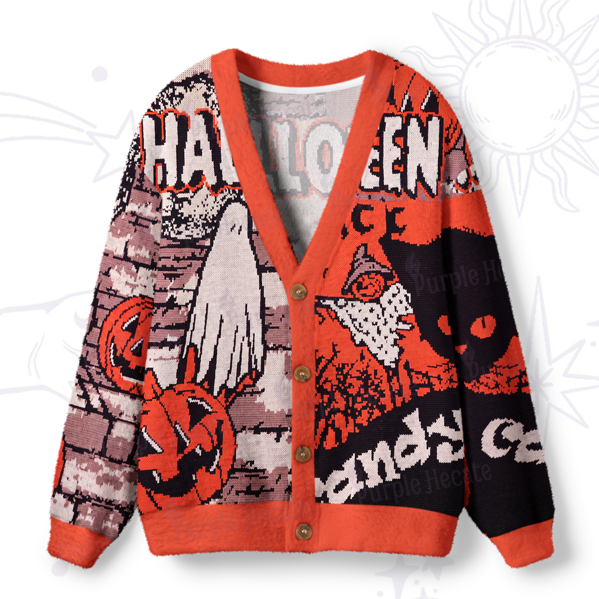Purplehecate Pumpkin Orange Ghost Ugly Cardigan Sweaters
