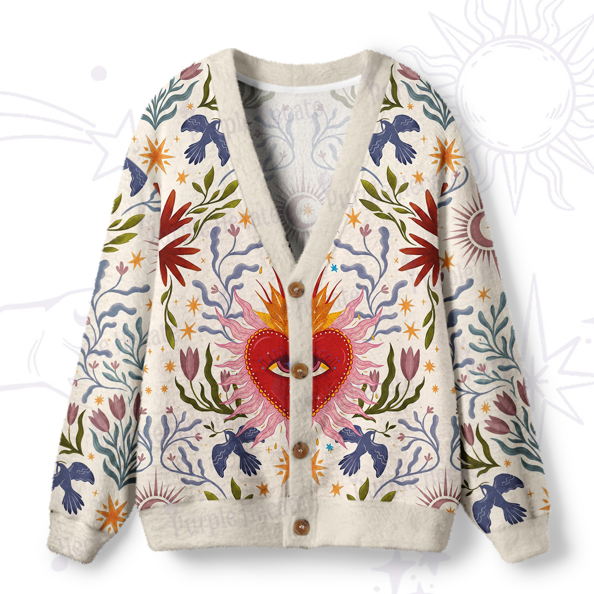 Purplehecate Sacred Flame Heart Ugly Cardigan Sweaters