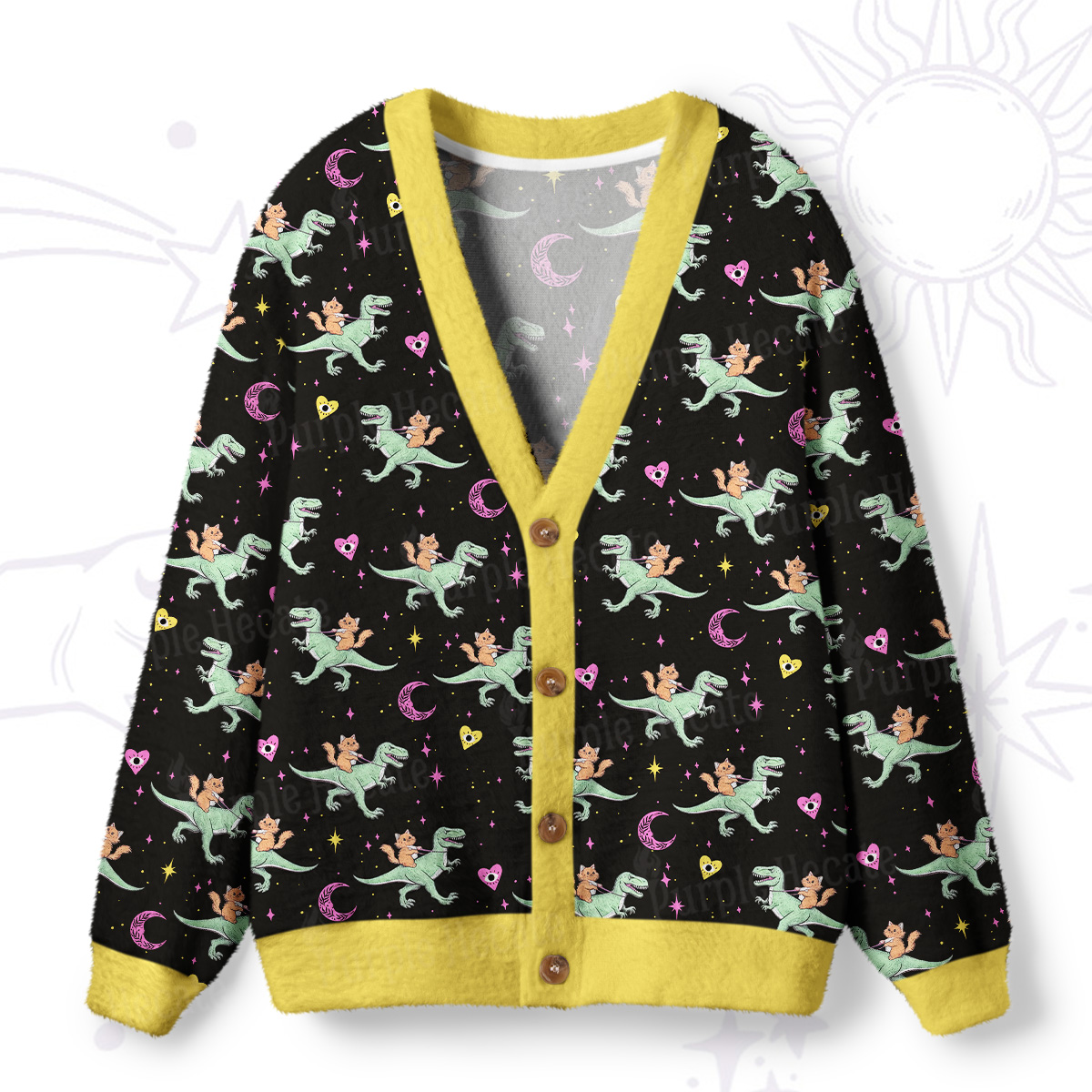 Purplehecate Witch Cat Rides the Dino Ugly Cardigan Sweaters