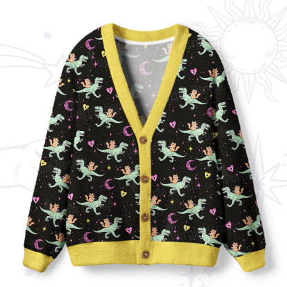Purplehecate Witch Cat Rides the Dino Ugly Cardigan Sweaters