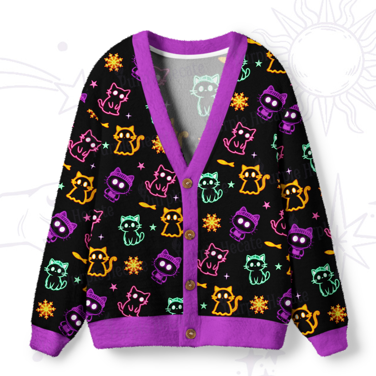 Purplehecate Neon Cat Party Ugly Cardigan Sweaters