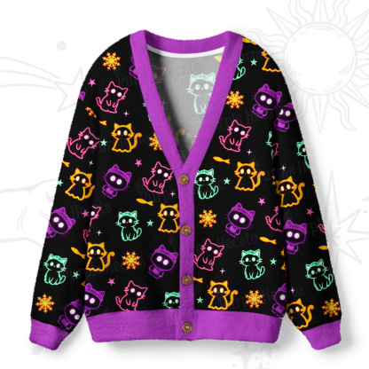 Purplehecate Neon Cat Party Ugly Cardigan Sweaters