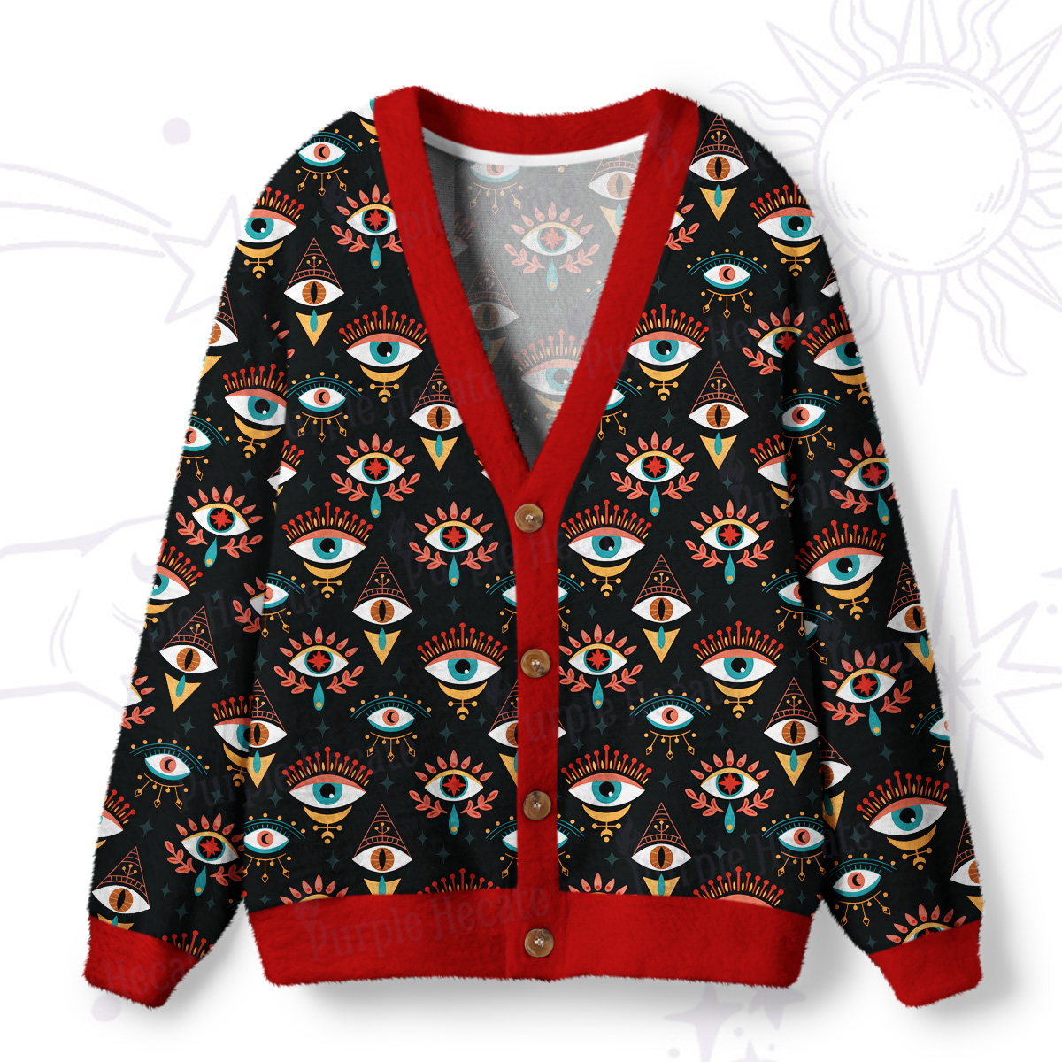 Purplehecate Evil Eye Pattern Ugly Cardigan Sweaters