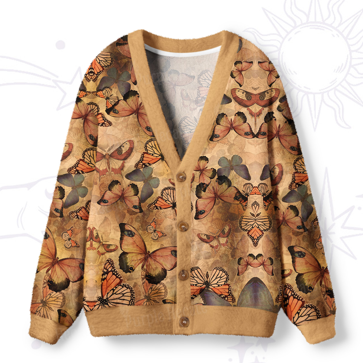 Purplehecate Monarch Butterfly Print Ugly Cardigan Sweaters