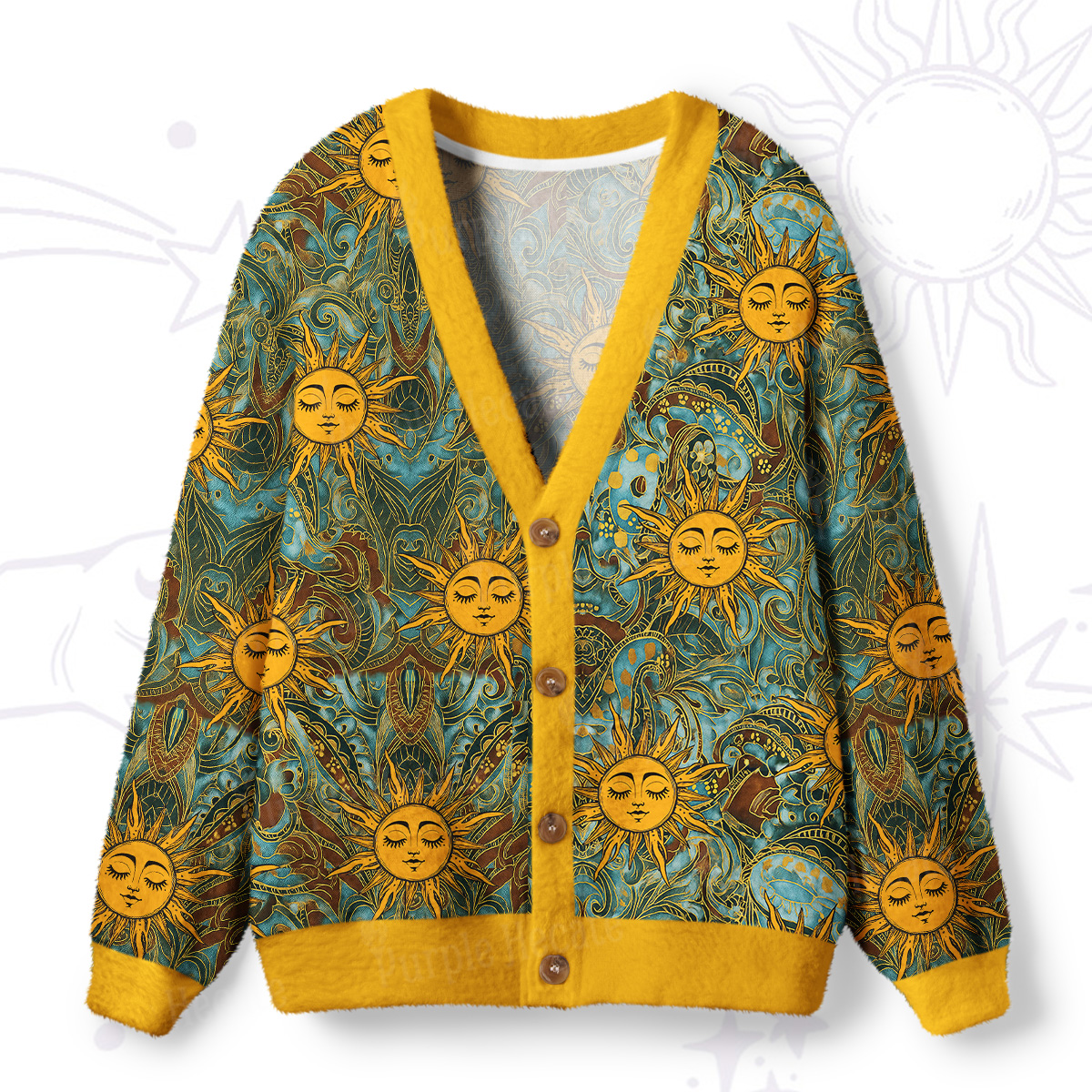 Purplehecate Golden Sun Wheel Ugly Cardigan Sweaters