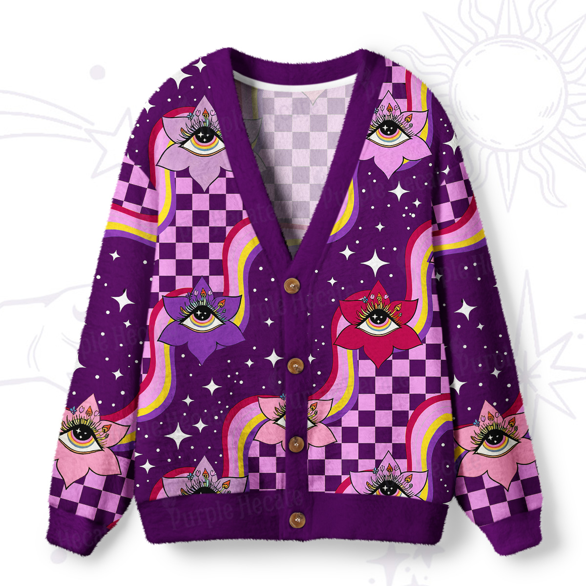 Purplehecate Trippy Eye Bloom Ugly Cardigan Sweaters