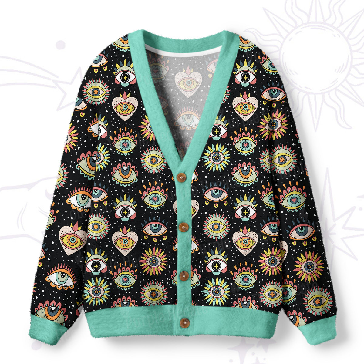 Purplehecate Mystical Evil Eye Pattern Ugly Cardigan Sweaters
