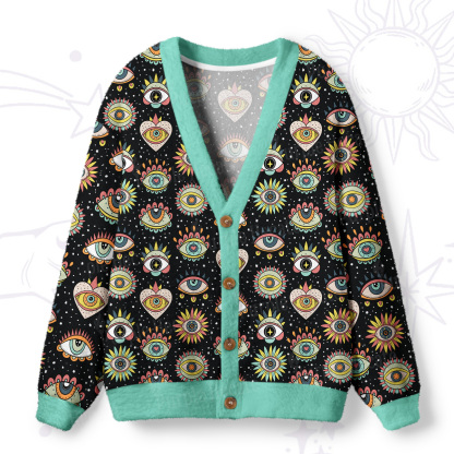 Purplehecate Mystical Evil Eye Pattern Ugly Cardigan Sweaters