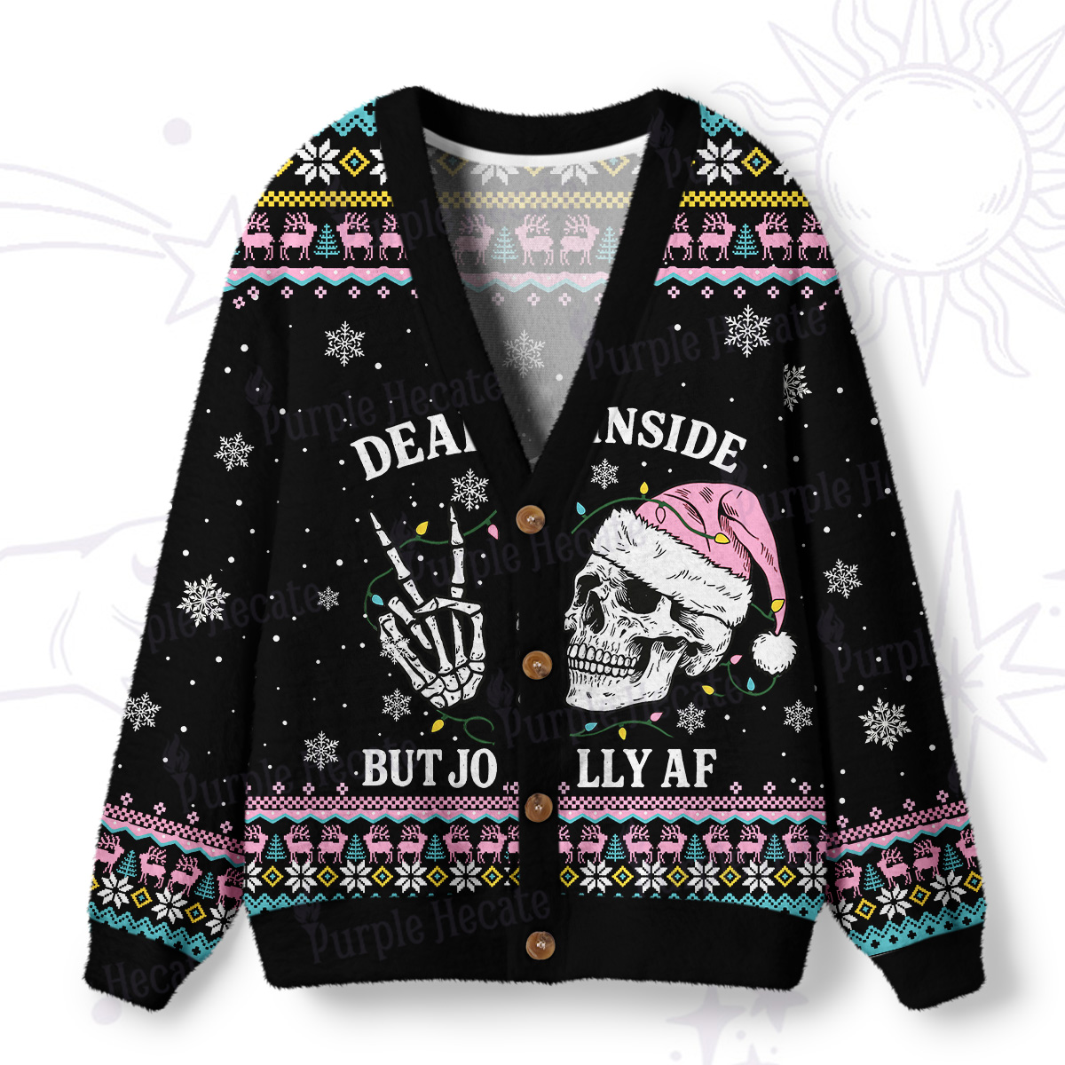 Purplehecate Dead Inside But Jolly AF Christmas Ugly Cardigan Sweaters
