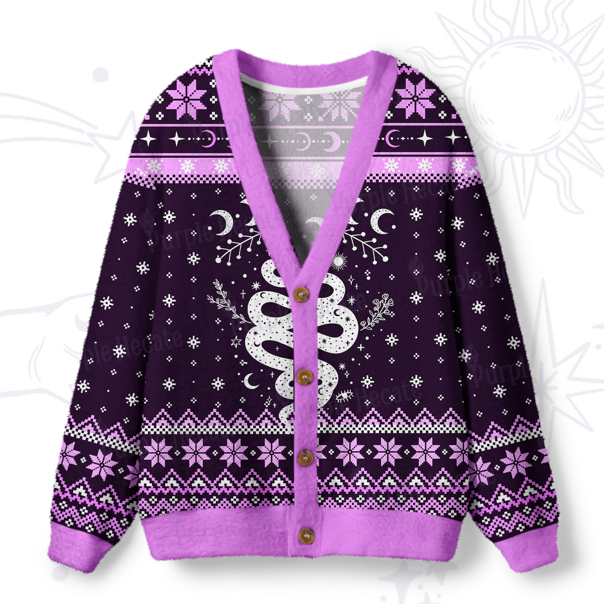 Purplehecate Snake And Moon Phase Comfort Ugly Cardigan Sweaters