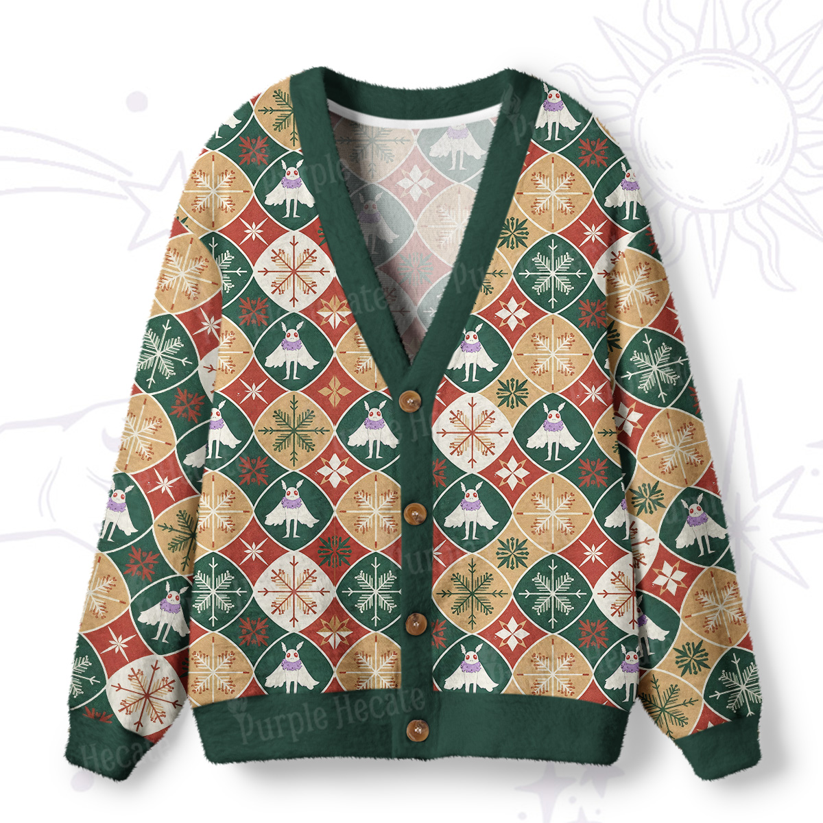 Purplehecate Retro Mothman Snowflake Ugly Cardigan Sweaters