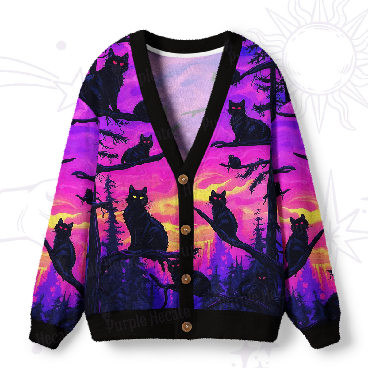 Purplehecate Twilight Forest Guardian Cat Ugly Cardigan Sweaters