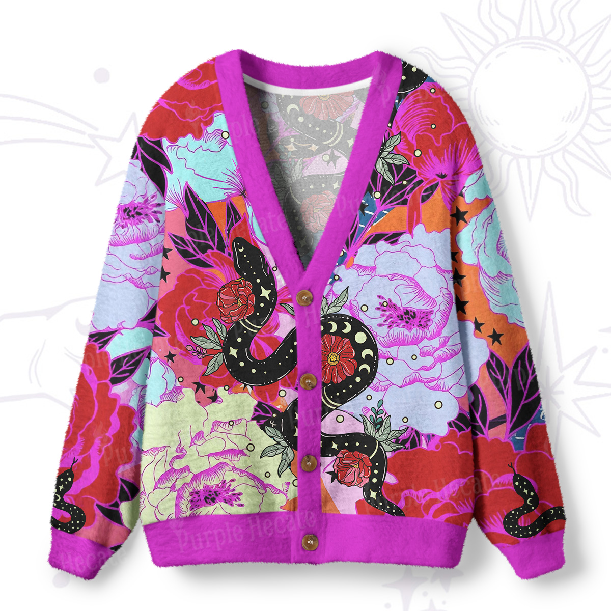 Purplehecate Enchanted Black Serpent & Floral Pattern Ugly Cardigan Sweaters