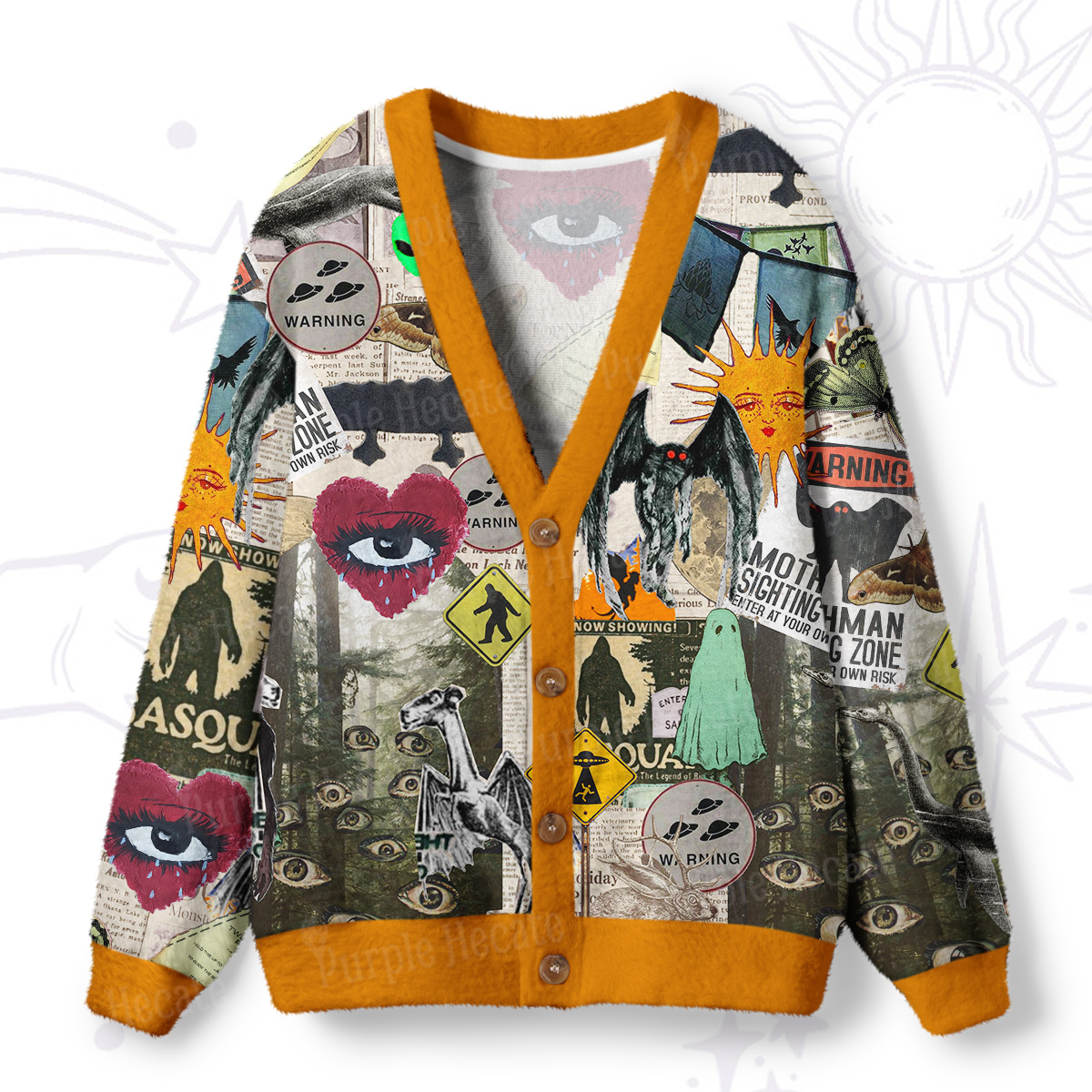 Purplehecate Cryptid Warning Collage Ugly Cardigan Sweaters