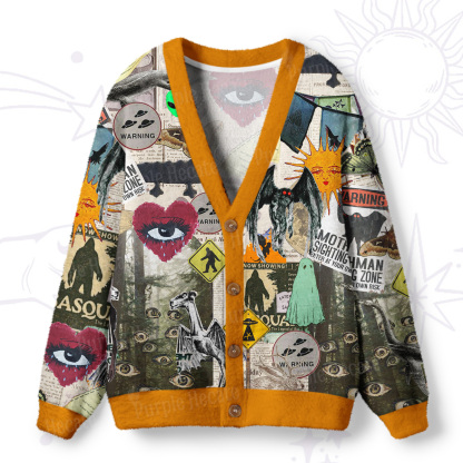 Purplehecate Cryptid Warning Collage Ugly Cardigan Sweaters