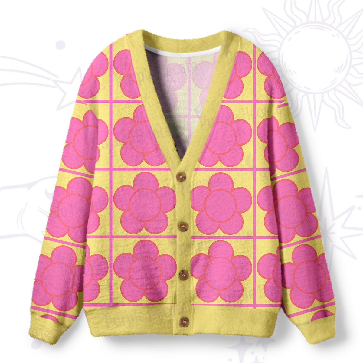 Purplehecate Bubble Flower Checkered Ugly Cardigan Sweaters