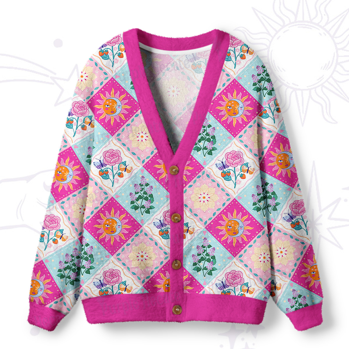 Purplehecate Celestial Sun & Moon Patchwork Ugly Cardigan Sweaters