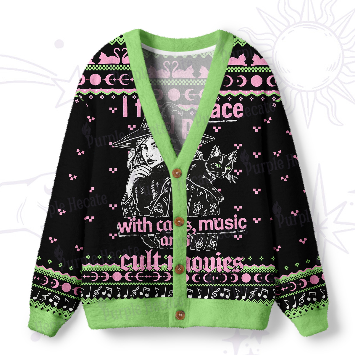 Purplehecate I Find Peace With Cats Music Cult Movies Ugly Cardigan Sweaters