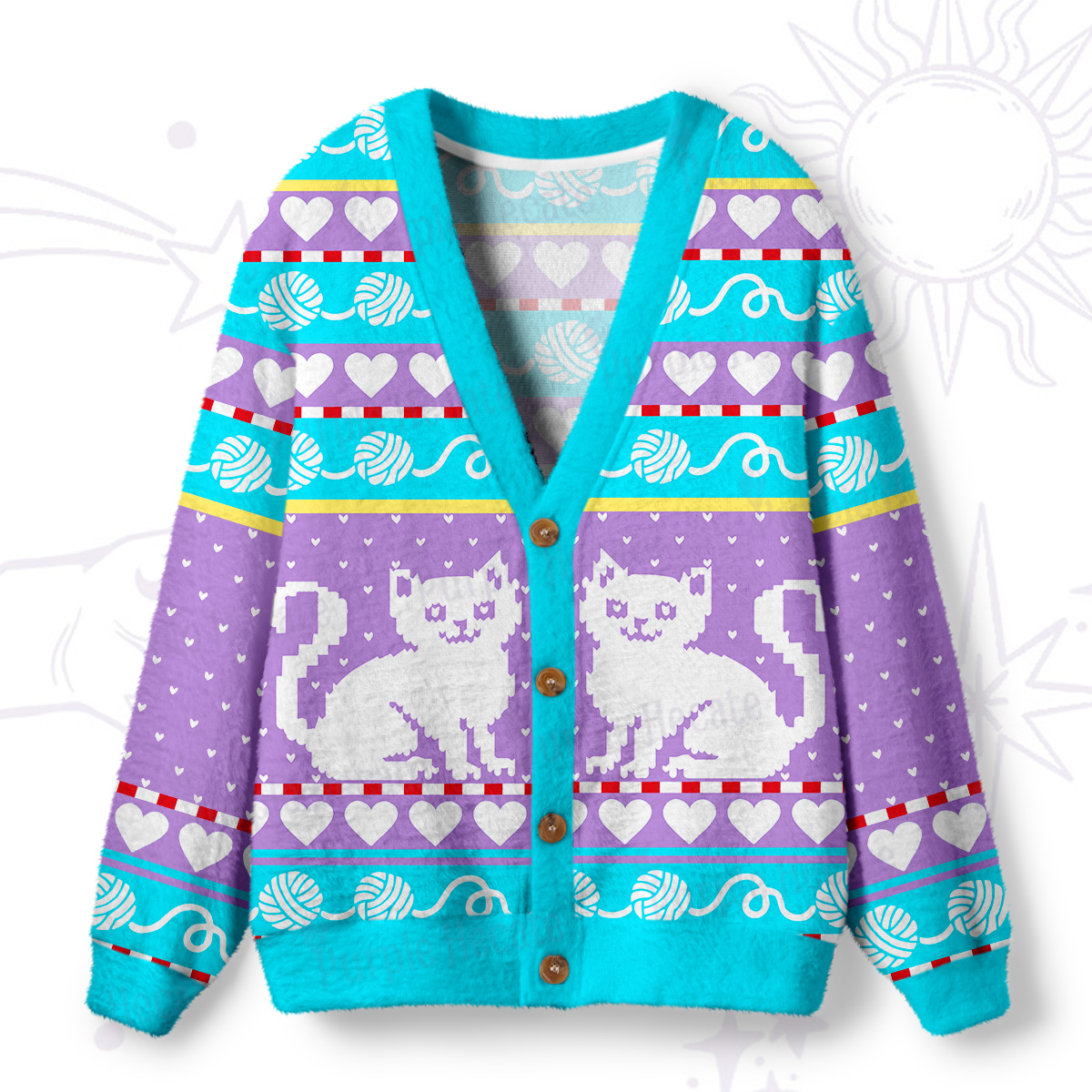Purplehecate Whimsical Cat and Yarn  Ugly Cardigan Sweaters