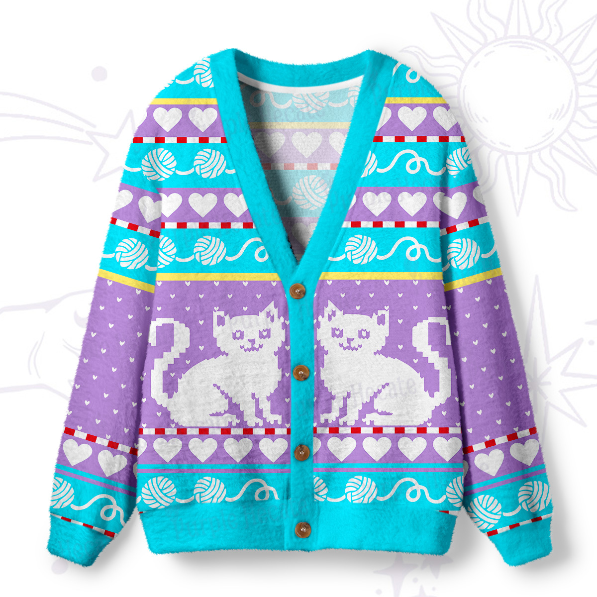 Purplehecate Whimsical Cat and Yarn  Ugly Cardigan Sweaters