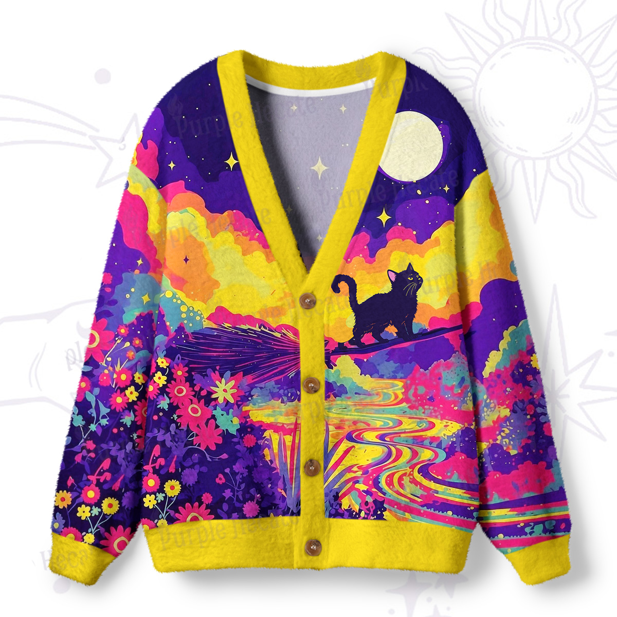 Purplehecate Midnight Cosmic Cat Fantasy Ugly Cardigan Sweaters