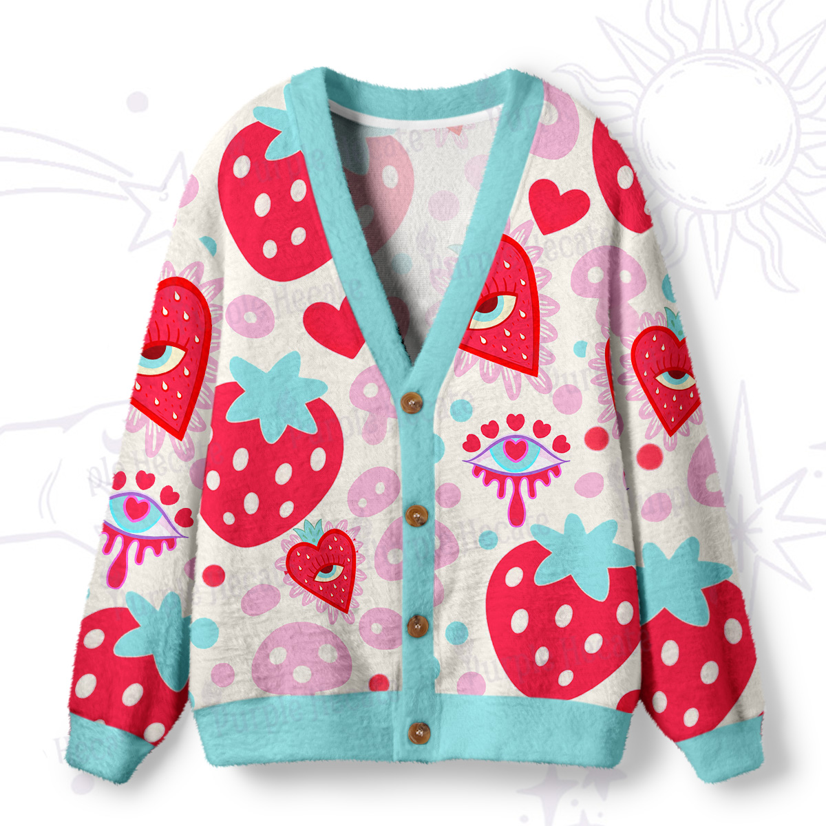 Purplehecate Whimsical Strawberry Hearts Ugly Cardigan Sweaters