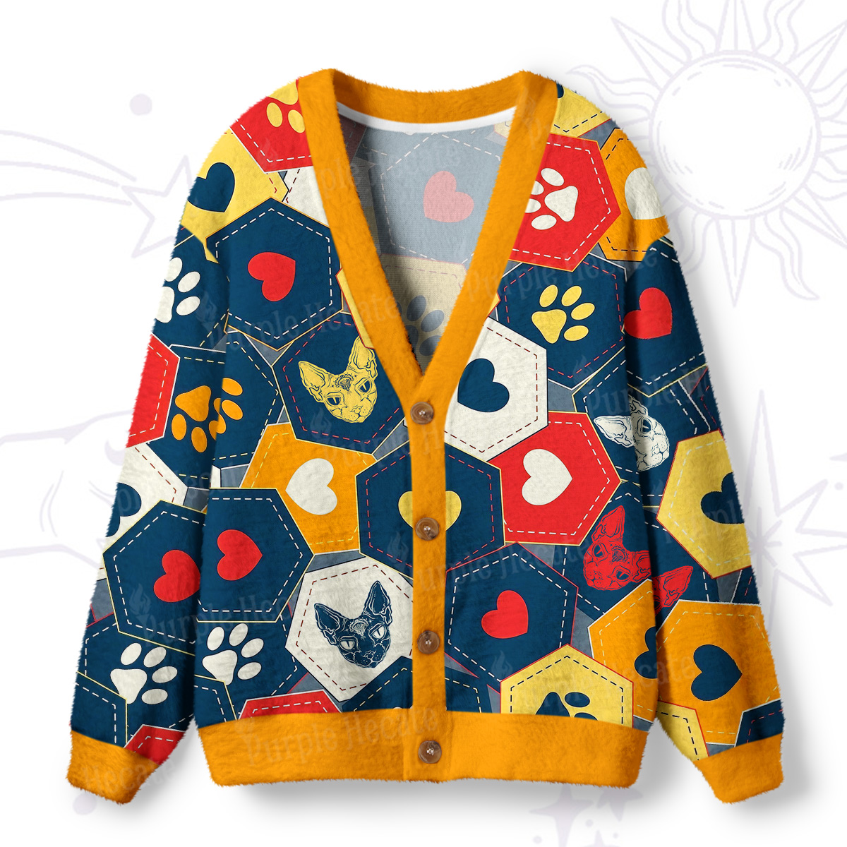 Purplehecate Whimsical Cat Paw Love Ugly Cardigan Sweaters