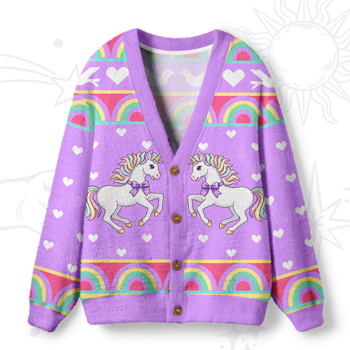 Purplehecate Enchanted Horned Steed Rainbow Ugly Cardigan Sweaters