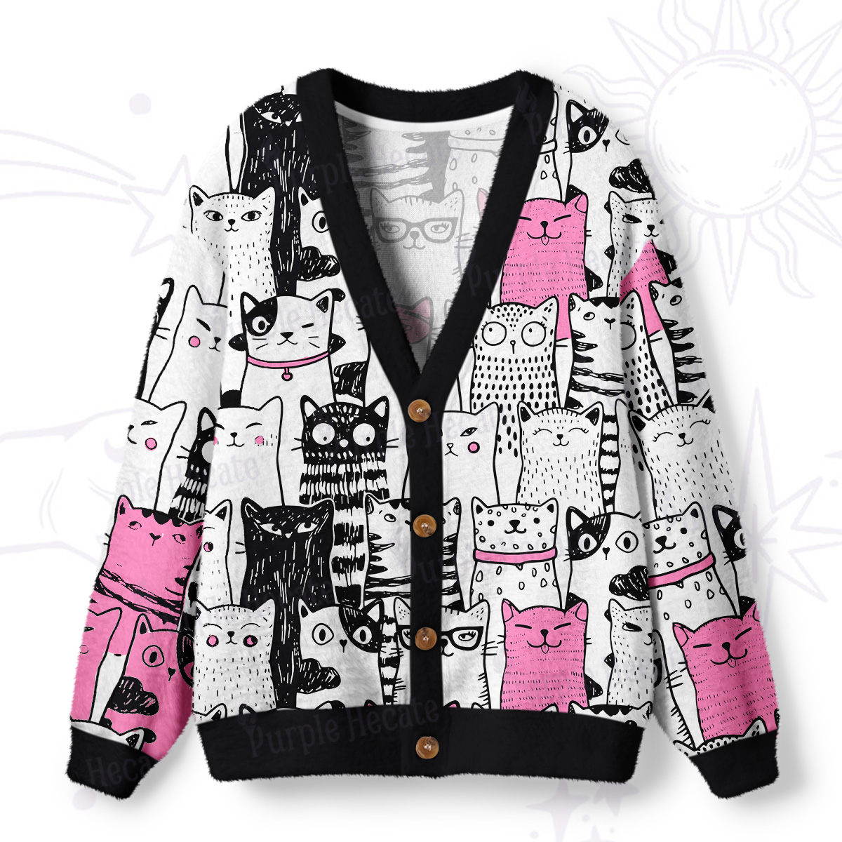 Purplehecate Cute Cat All Over Print Ugly Cardigan Sweaters