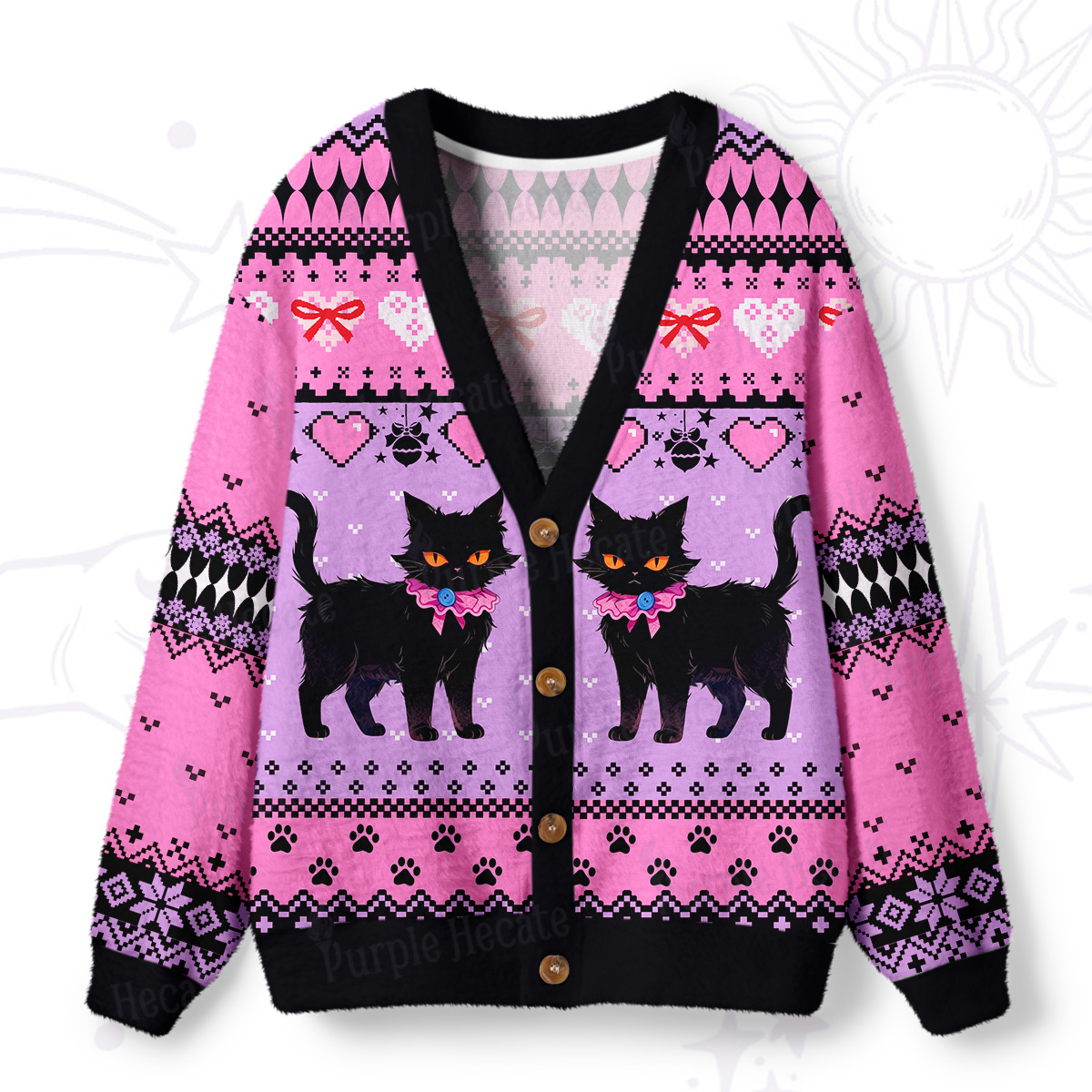 Purplehecate Witchy Black Cat Heart Ugly Cardigan Sweaters