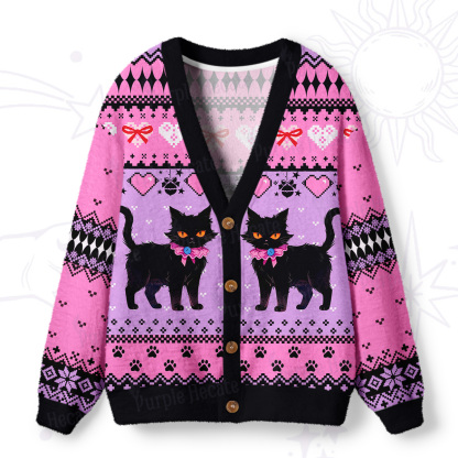 Purplehecate Witchy Black Cat Heart Ugly Cardigan Sweaters